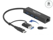   DeLock 3 Port USB 3.2 Gen 1 Hub + Gigabit LAN with USB Type-C or USB Type-A connector Black